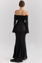 Black Off Shoulder Floral Lace Maxi Dress