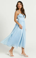 Dolores Midi Dress - Strappy Ruched Bust Corset Waist Dress in Blue