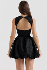 Black Backless Embroidered Mini Puffball Dress