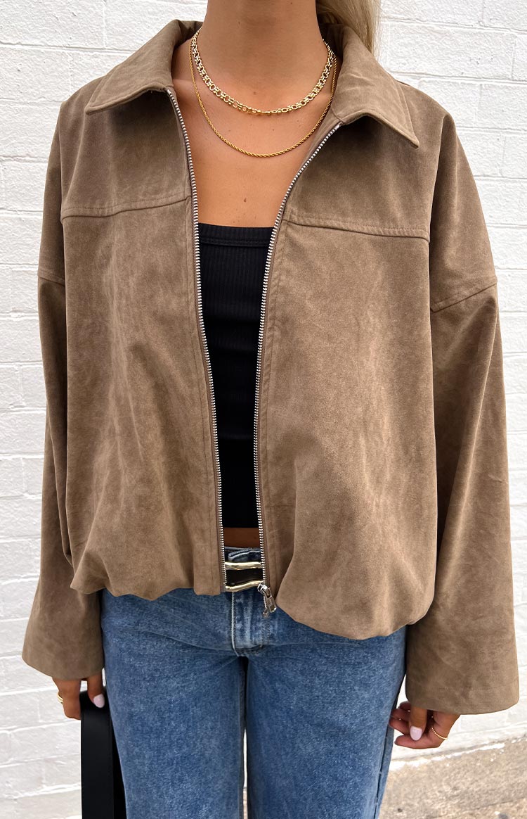 River Brown Suede Bubble Hem Bomber Jacket
