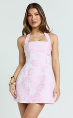 Gabbie Mini Dress - Jacquard Halter Fit And Flare Dress in Pink