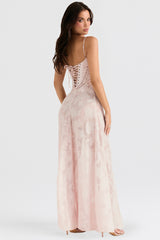Soft Pink Floral Lace Back Maxi Dress