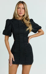 Laila Mini Linen Blend Dress - High Neck Side Cut Out Puff Sleeve Straight Dress in Black