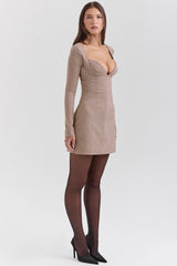 Brown Puppytooth Check Plunge Mini Dress