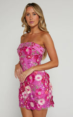 Wren Mini Dress - Strapless Bodycon Garden Flowers Dress in Magenta