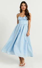 Dolores Midi Dress - Strappy Ruched Bust Corset Waist Dress in Blue