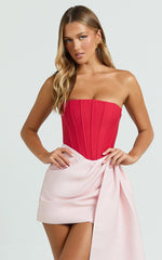 Olympia Mini Dress - Contrast Draped Strapless Fit And Flare Dress in Red/Pink