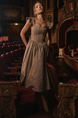 Gold Jacquard Midi Dress With Detachable Bow