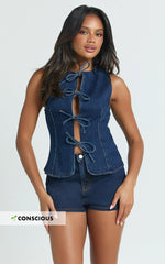 Benny Top - Tie Front Recycled Denim Top in Indigo Wash