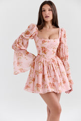 English Vintage Rose Print Puff Sleeve Mini Dress