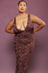 Merlot Plunge Floral Appliqué Maxi Dress