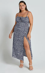 Willa Midi Dress - Ruched Bust Thigh Split Dress in Blue Floral