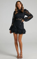 Kiss Me Now Mini Dress - Long Puff Sleeve Dress in Black Lace