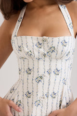 Cream Daisy Print Stretch Cotton Halter Neck Midi Dress