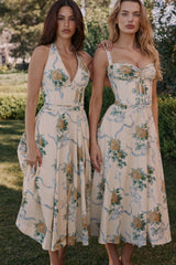 Lemon Vintage Ribbon Print Cotton Midi Dress