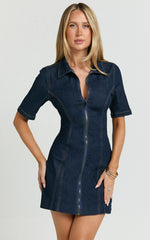 Tessie Mini Dress - Zip Front Collared Denim Mini Dress in Rinse Blue