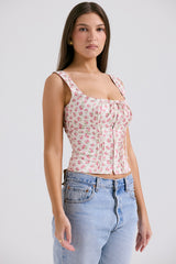 White Rosebud Print Top
