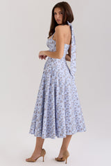 Blue Floral Print Stretch Cotton Halter Neck Midi Dress