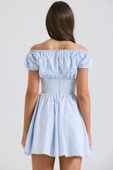 Soft Blue Cotton Gathered Mini Dress