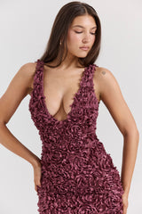 Merlot Plunge Floral Appliqué Maxi Dress