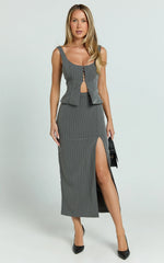 Fiona Midi Skirt - Pinstripe Bodycon Side Leg Split Workwear Skirt in Dark Grey
