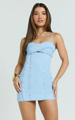 Gigi Mini Linen Blend Dress - Sweetheart Tie Back Scallop Detail Dress in Blue