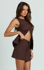 Desi Mini Skirt - Tailored Mid Waisted Skirt in Chocolate