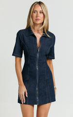 Tessie Mini Dress - Zip Front Collared Denim Mini Dress in Rinse Blue