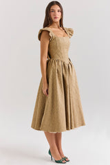 Gold Jacquard Midi Dress With Detachable Bow