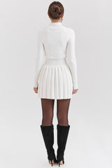 White Cashmere Blend Pleated Skated Mini Dress