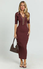 Lada Midi Dress - Short Sleeve Button Front Knit Dress in Chocolate