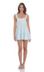 Floral Square Neckline Babydoll Dress in Blue and White