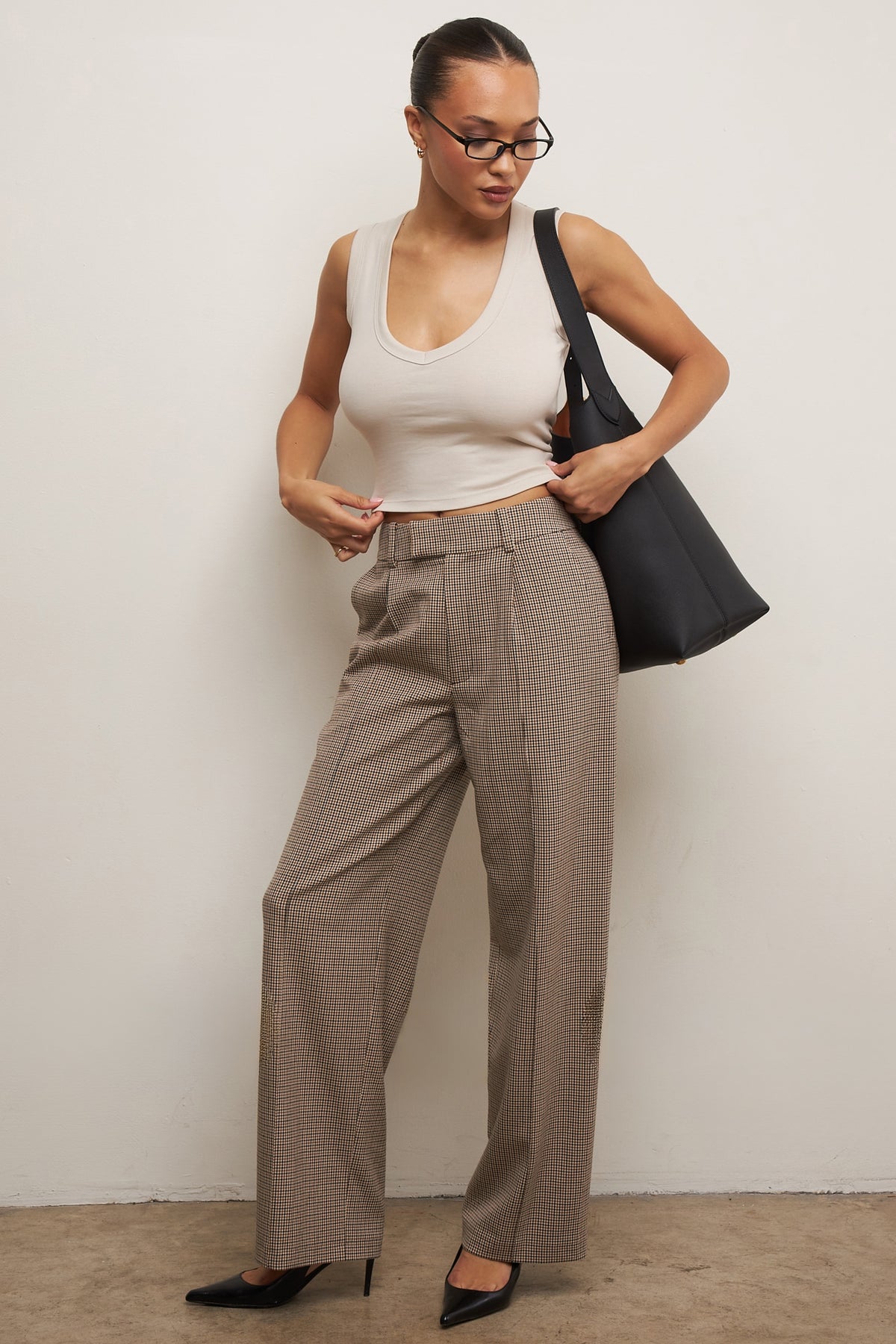Brown Puppytooth Wide Leg High Waist Tailored Trousers