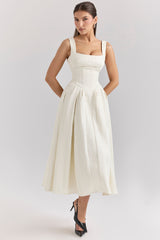 Ivory Textured Satin Corset Midi Dress