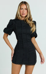 Laila Mini Linen Blend Dress - High Neck Side Cut Out Puff Sleeve Straight Dress in Black