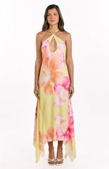 Elowen Yellow Hibiscus Floral Halter Maxi Dress