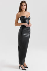 Black Strapless Vegan Leather Midi Dress