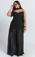 Calvin Maxi Dress - Linen Look Contrast Georgette Skirt with Neck Scarf in Black