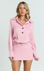 Vancouver Mini Dress - High Neck Collar Button Front Shirtdress in Pink