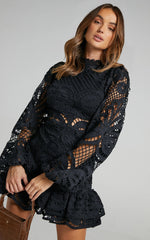 Kiss Me Now Mini Dress - Long Puff Sleeve Dress in Black Lace