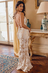 White &Amp; Gold Jacquard Satin Gown