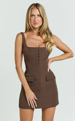 Marcia Mini Dress - Scoop Neck Hook And Eye Front Bodice Fitted Dress in Brown