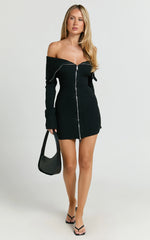 Madeline Mini Dress - Folded Off Shoulder Double Zip Hardware Front Knit Dress in Black