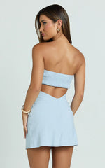 Rissie Mini Dress - Strapless Open Back Dress in Blue