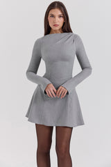 Grey A-Line Long Sleeve Mini  Dress