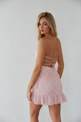 Cece Strapless Lace Ruffle Tie Back Mini Dress