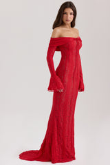 Red Off Shoulder Floral Lace Maxi Dress