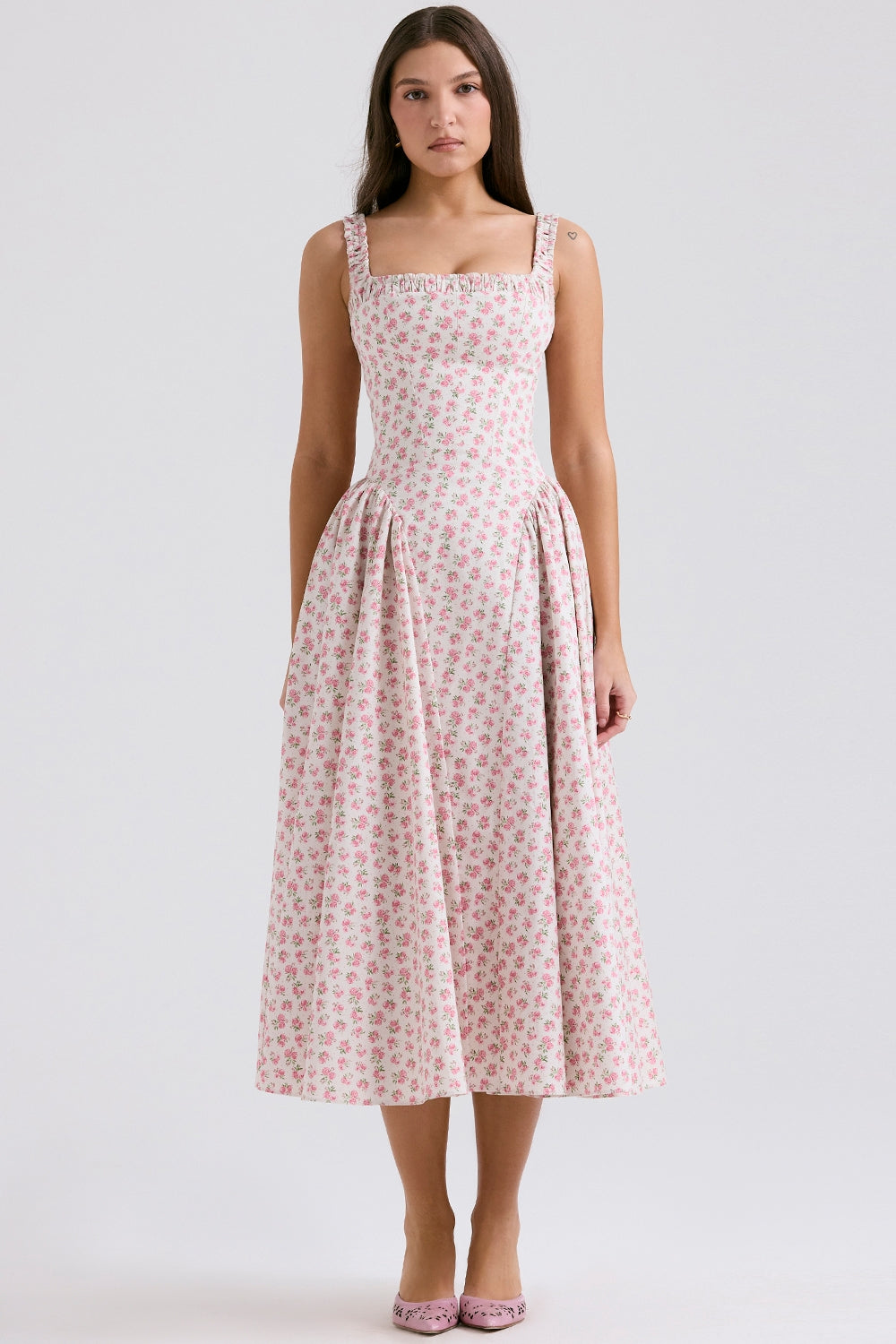 White Rosebud Print Cotton Midi Sundress