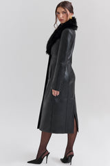Black Faux Fur Trimmed Vegan Leather Coat