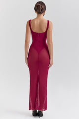 Wine Stretch Mesh Maxi Dress